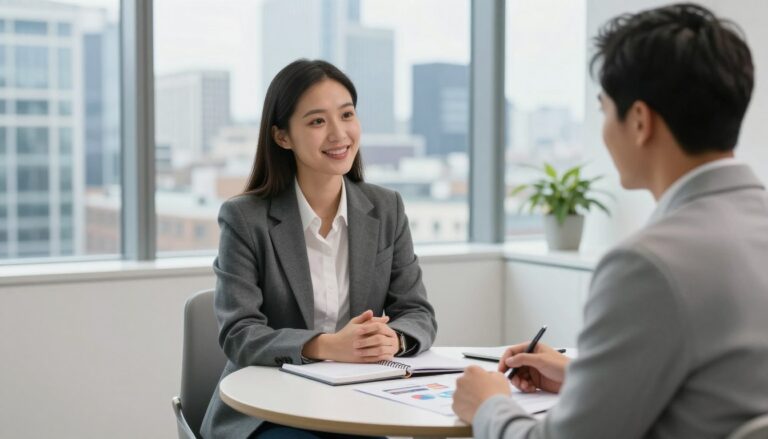 Career coach and client meeting in a London office discussing career goals