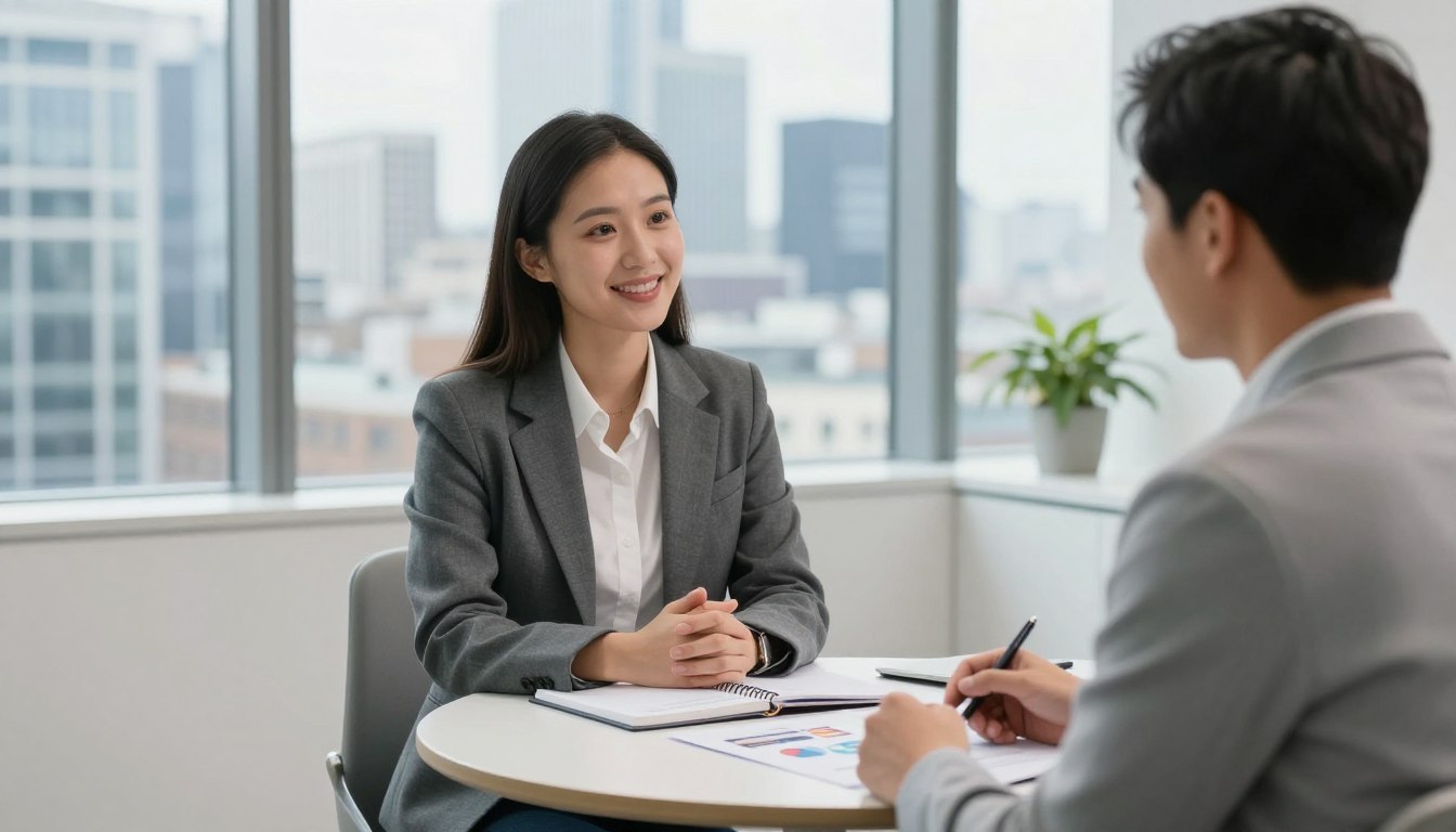 Career coach and client meeting in a London office discussing career goals