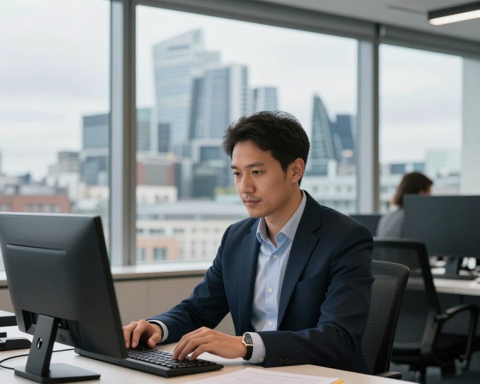 Business analyst working in modern UK office