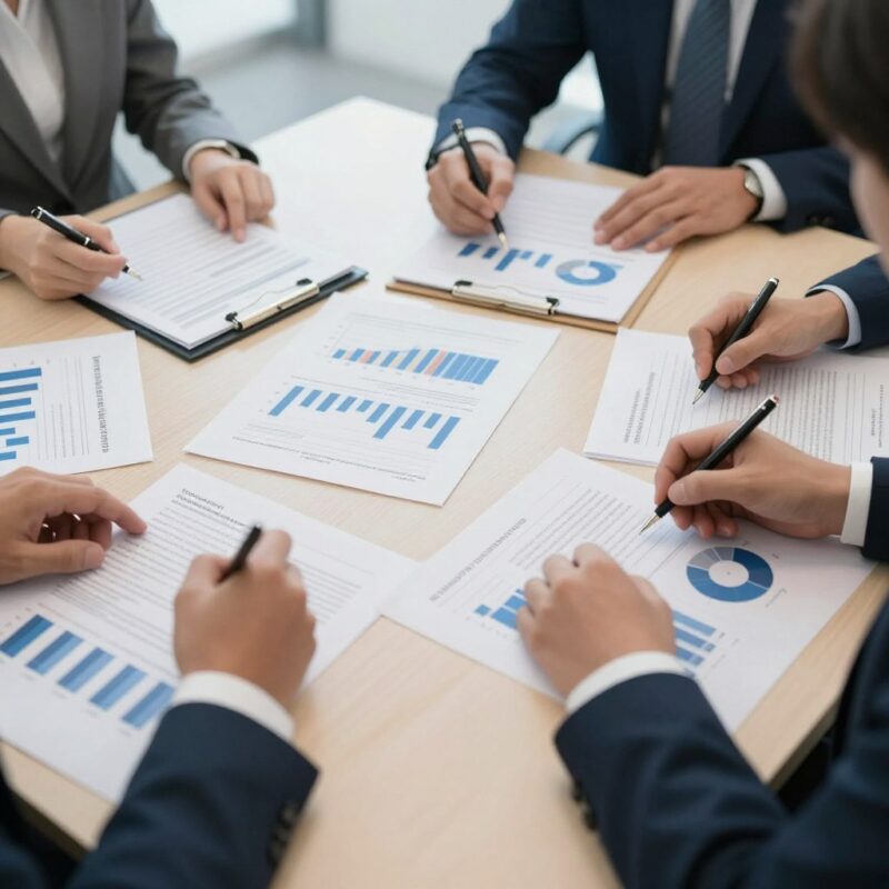 Business case study materials spread on interview table