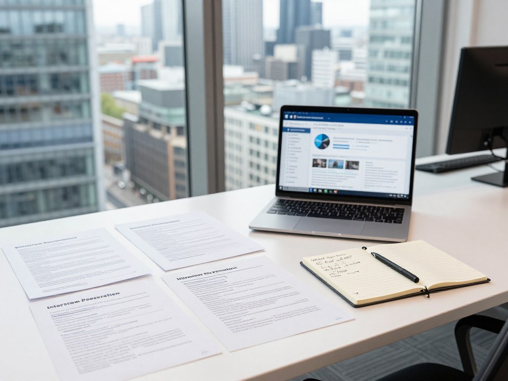 Candidate preparing interview materials with London skyline visible through window