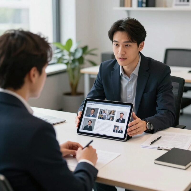 Creative professional presenting portfolio during interview
