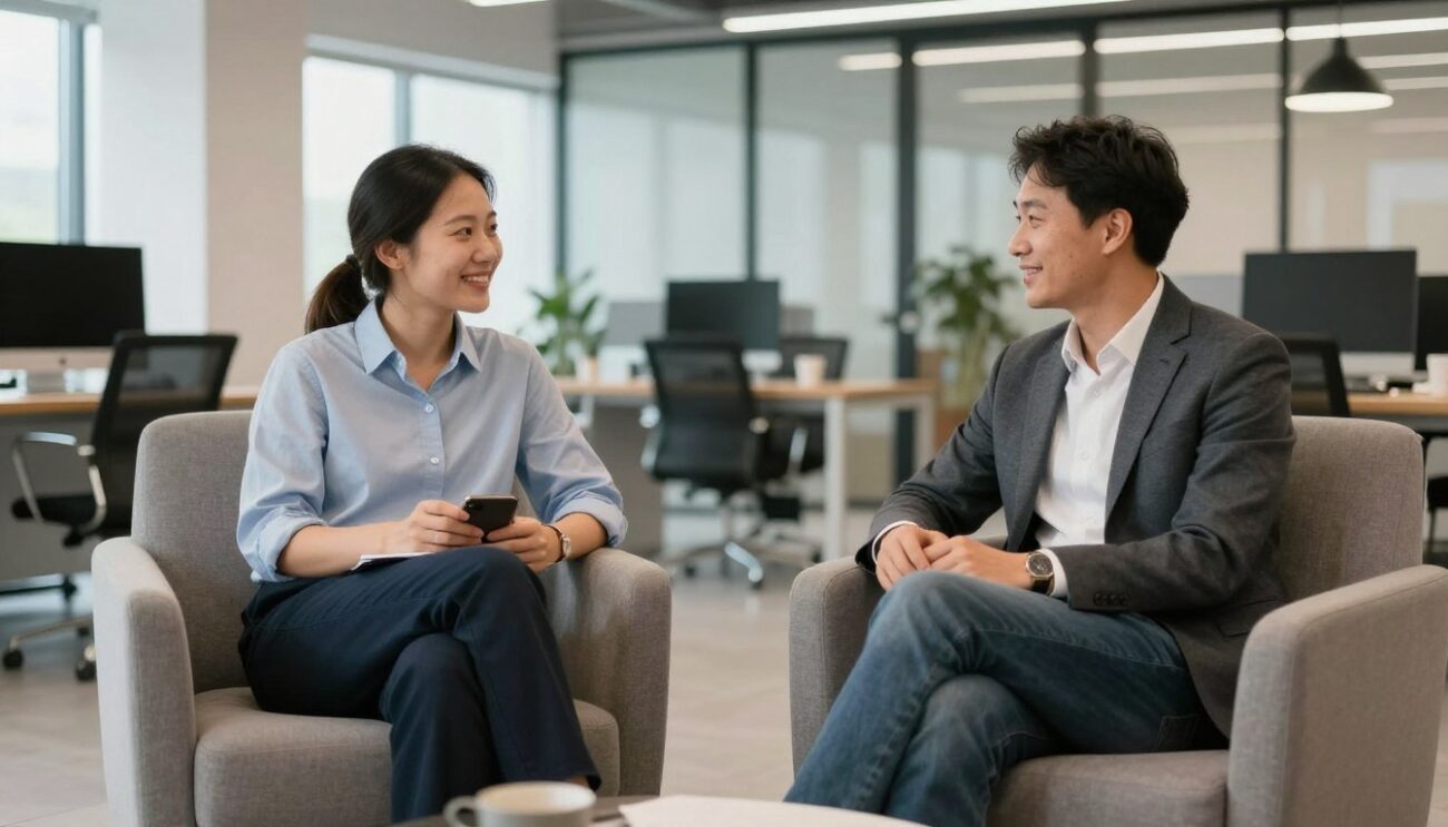 Friendly interview conversation discussing company culture and values