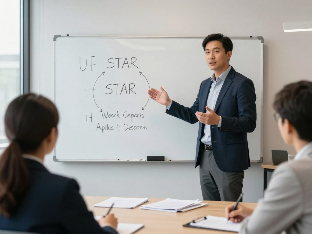 Interview coach explaining competency-based question techniques