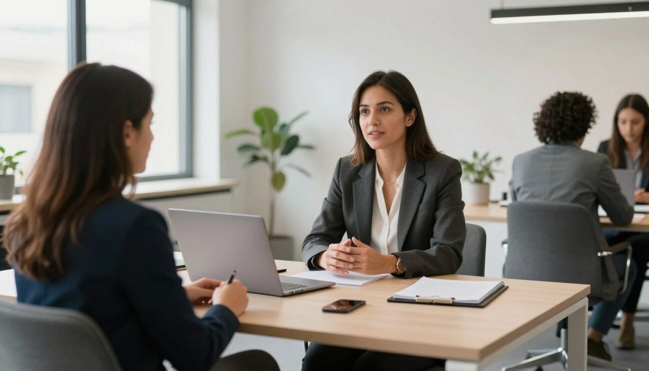 Professional career coach meeting with client in modern UK office setting