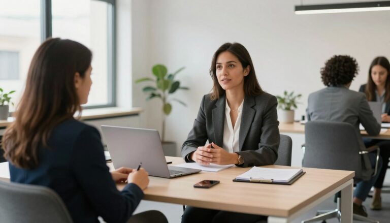 Professional career coach meeting with client in modern UK office setting