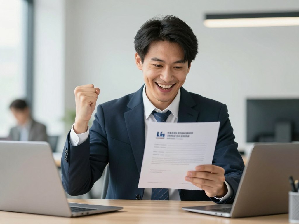 Professional celebrating job offer success after coaching