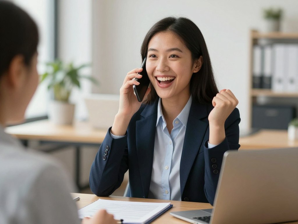 Professional celebrating job offer success