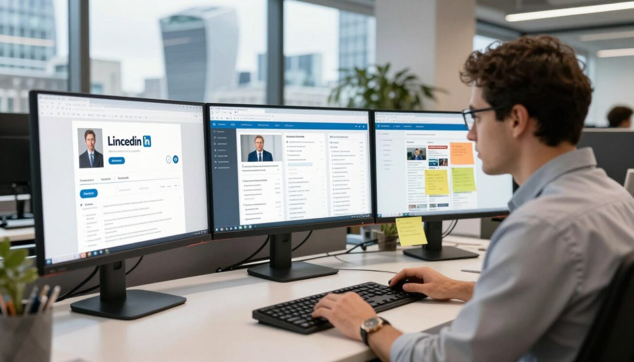Professional conducting detailed company research on multiple screens