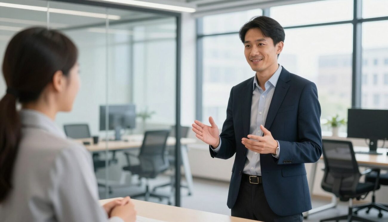 Professional discussing career goals during London interview