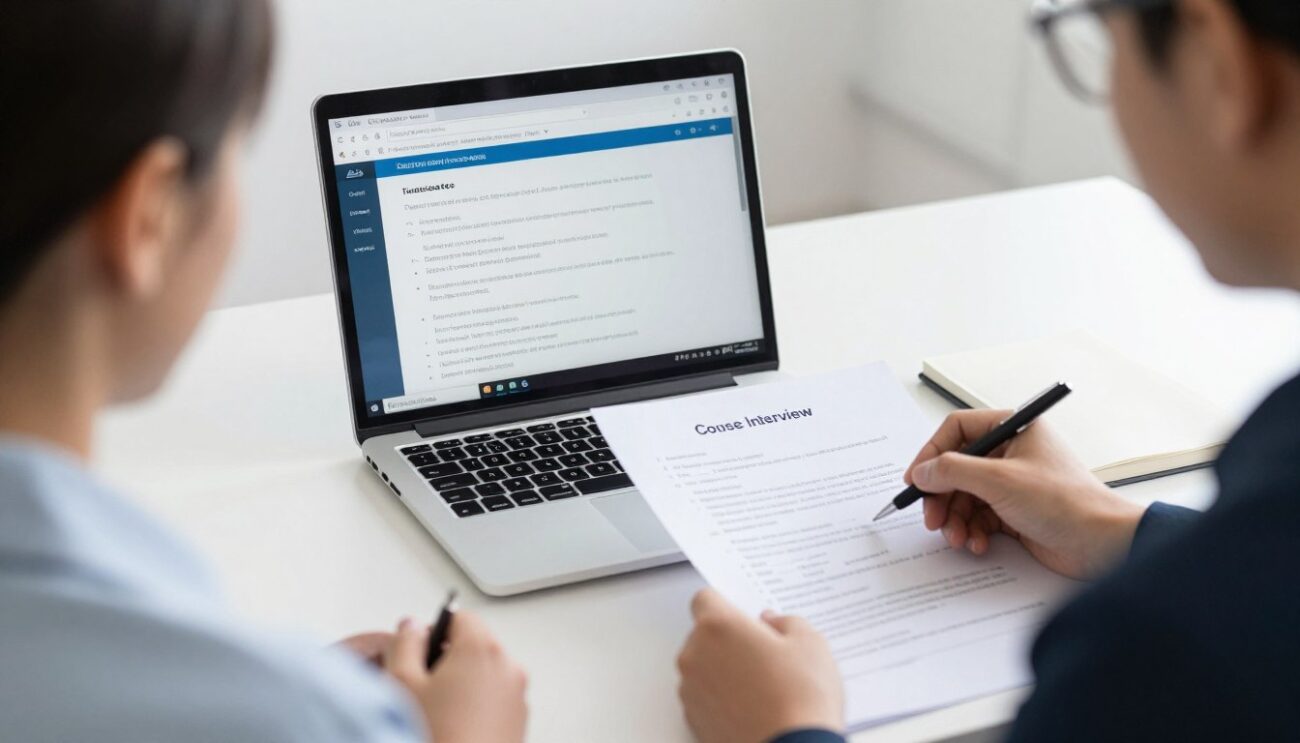 Professional preparing for job interview with course training materials