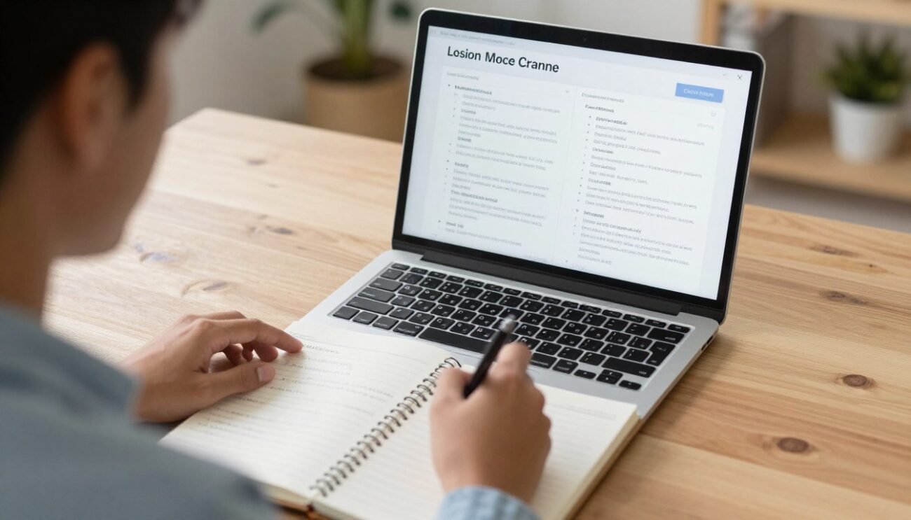 Professional researching resume coaches on laptop with notepad