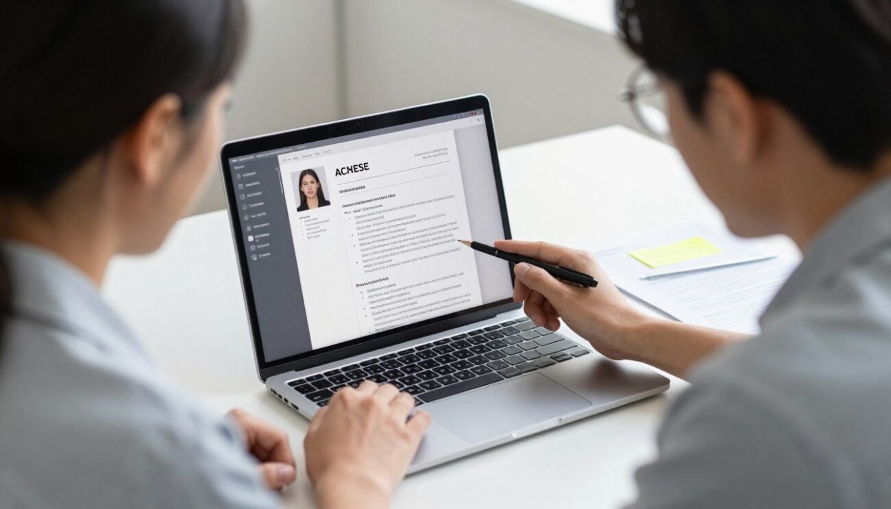 Professional resume coaching session in progress with documents and laptop