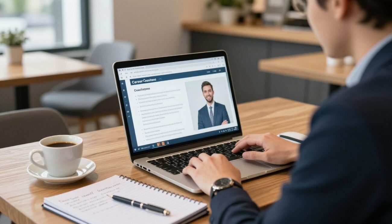 Professional searching for career coaches on laptop with notebook and coffee