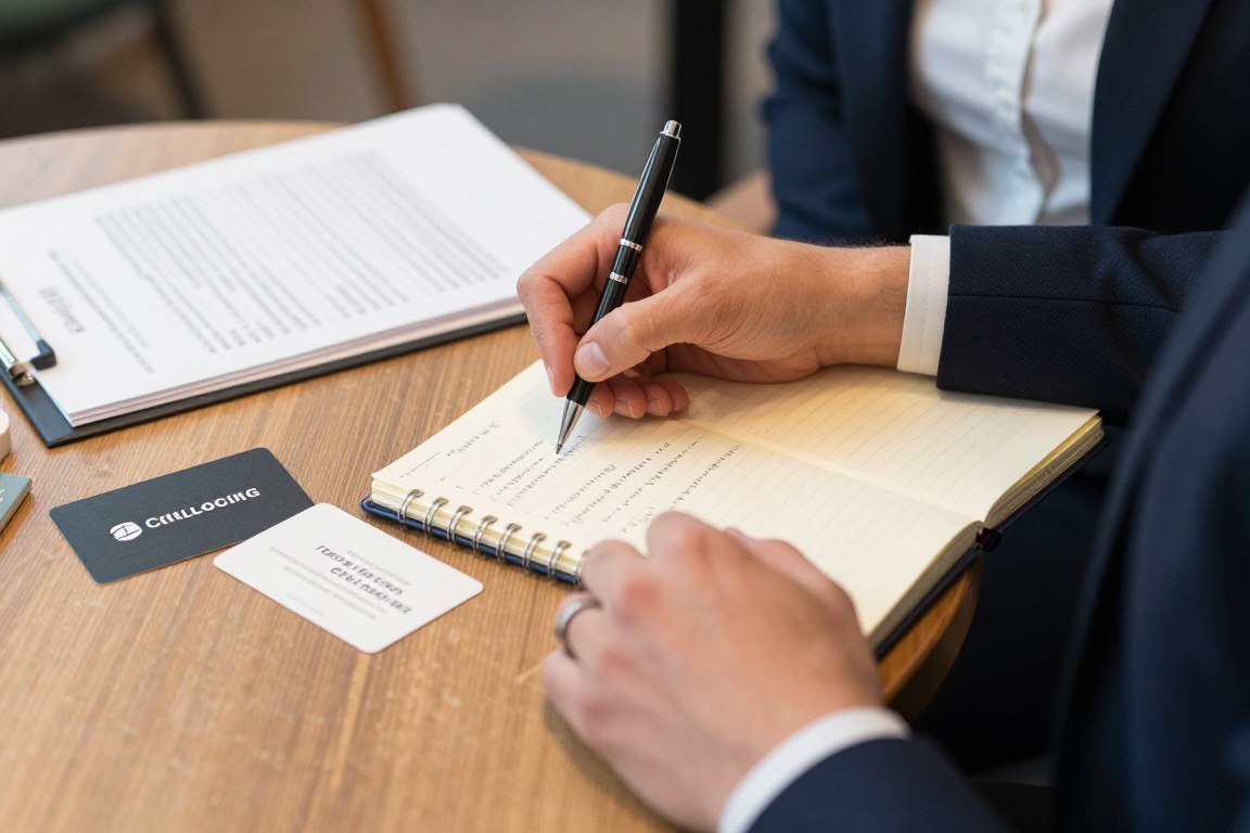 Professional taking notes during career coaching consultation meeting