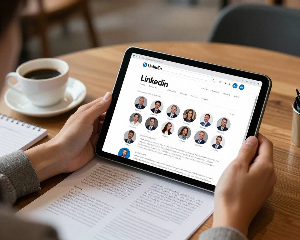 Tablet displaying company LinkedIn page and employee profiles