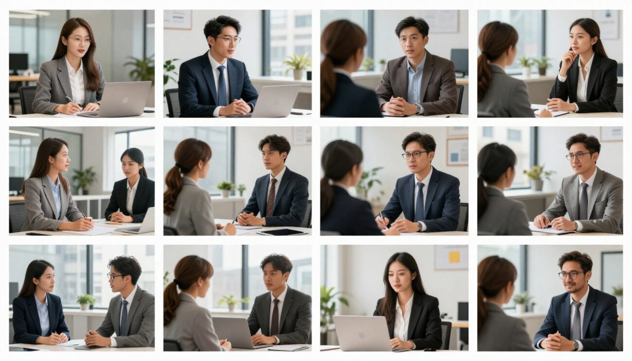 Various interviewer personality types illustrated in office settings