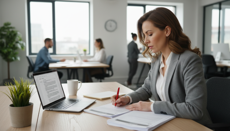 Professional CV writer reviewing documents at desk with laptop